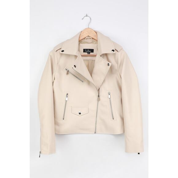 Lulu's Out for the Night Beige Vegan Leather Moto Jacket S NWT - Picture 2 of 8